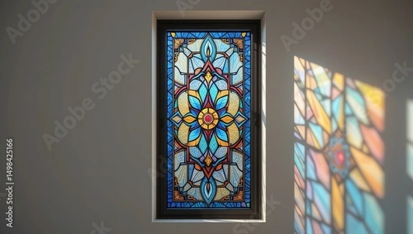 Fototapeta Vibrant stained glass window casting colorful light onto a blank wall, showcasing intricate designs and artistic expression.