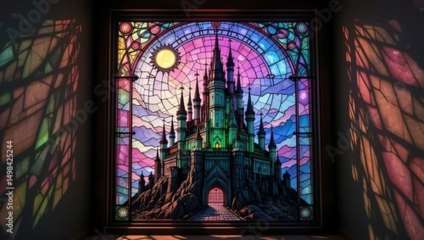 Fototapeta Vibrant stained glass window depicting a colorful castle with intricate details and beautiful light effects.