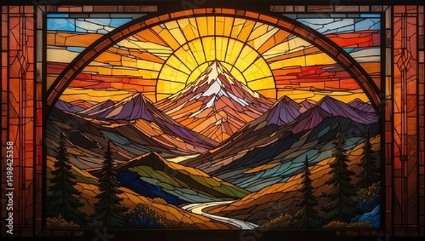 Fototapeta Vibrant stained glass window depicting a stunning mountain landscape at sunset with colorful skies and serene rivers.