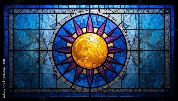 Obraz Vibrant stained glass window depicting a shining sun surrounded by intricate blue and purple designs.