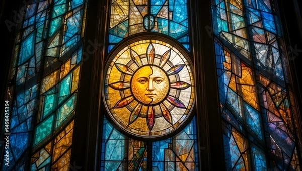 Fototapeta Vibrant stained glass window depicting a sun symbol, showcasing intricate colors and patterns.