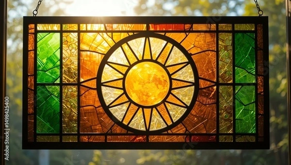 Obraz Vibrant stained glass window depicting a sun, illuminating surroundings with warm colors and rich detail.