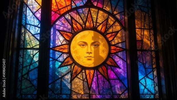 Fototapeta Vibrant stained glass window depicting a sun with a face, casting colorful light in a sacred space.