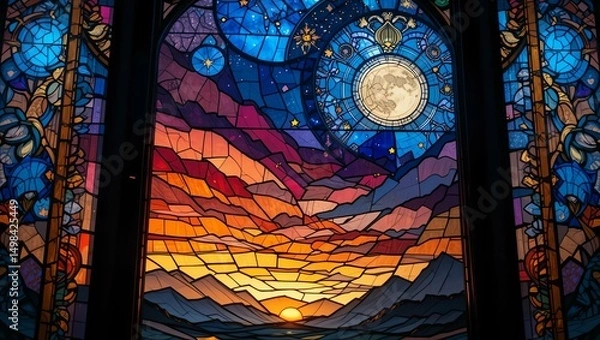 Fototapeta Vibrant stained glass window depicting a sunset over mountains and a lunar scene, showcasing intricate artistry.