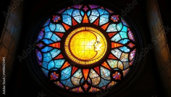 Fototapeta Vibrant stained glass window depicting celestial elements, illuminating the sacred space with colorful light.
