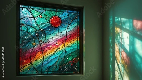 Fototapeta Vibrant stained glass window depicting cosmic elements, creating a mesmerizing interplay of light and color.