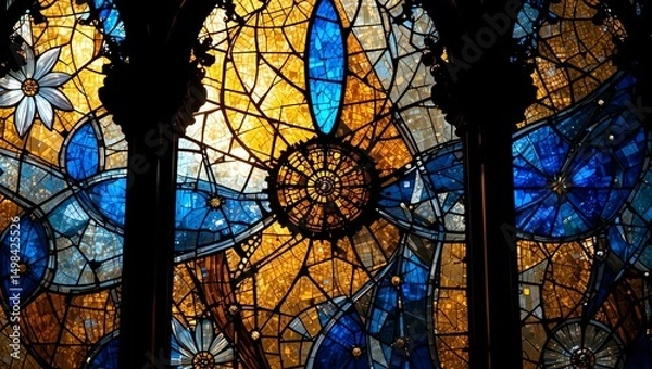 Fototapeta Vibrant stained glass window depicting intricate floral designs with an array of colors, illuminating sacred space.