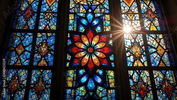 Fototapeta Vibrant stained glass window depicting intricate patterns and colorful designs, radiating light and beauty.