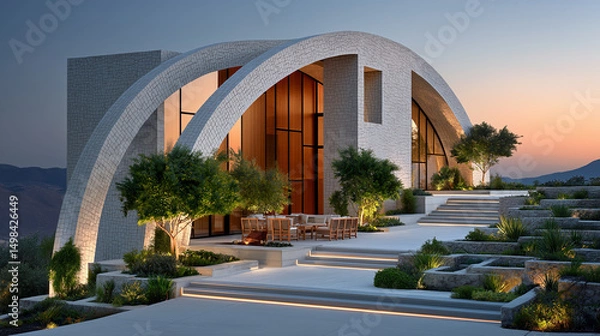 Obraz Luxury Villa at Sunset: A stunning modern villa with a unique curved architectural design is showcased at sunset, featuring a spacious patio and lush landscaping.