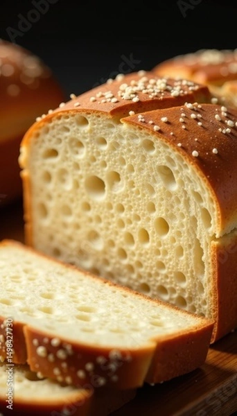 Fototapeta Zoomed close-up of sliced whole grain bread with added preservatives and artificial colorings, artificial colors, food preservatives, natural ingredients