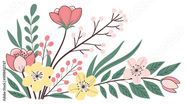 Fototapeta A vector illustration of a springtime floral arrangement: tulips, daisies, cherry blossoms, and green leaves. Flat design style with pastel spring colors (pinks, greens, yellows).