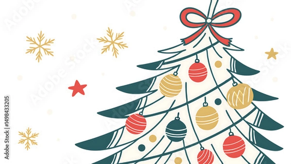 Fototapeta A vector illustration of a decorated Christmas tree with colorful ornaments (baubles, stars, ribbons) in a flat design style. Use traditional holiday colors (red, green, gold) and include subtle.