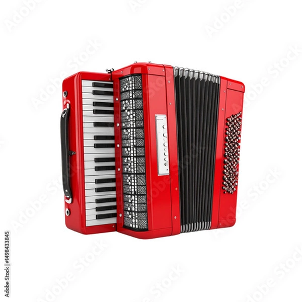 Fototapeta Red accordion musical instrument isolated on 3d art on transparent background