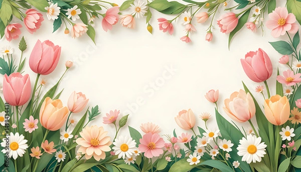 Fototapeta A vector illustration of a springtime floral arrangement: tulips, daisies, cherry blossoms, and green leaves. Flat design style with pastel spring colors (pinks, greens, yellows).
