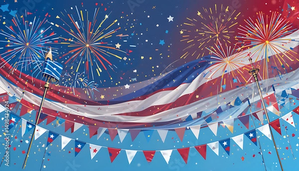Fototapeta A vector illustration of a patriotic Independence Day celebration: fireworks and flags with a red, white, and blue color palette. Include star symbols, bunting, or a flag on a pole. Flat design style,