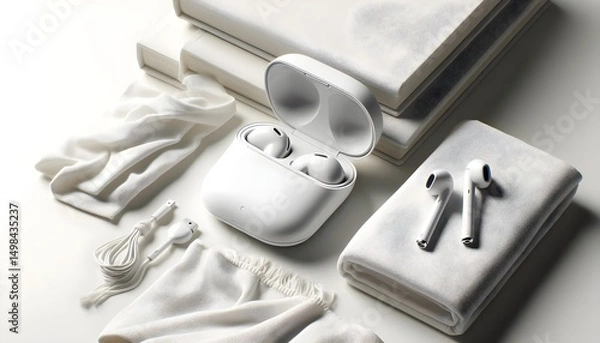 Fototapeta White glossy wireless earbud case opened beside fabric and book arranged on monochrome light-toned surface for product display