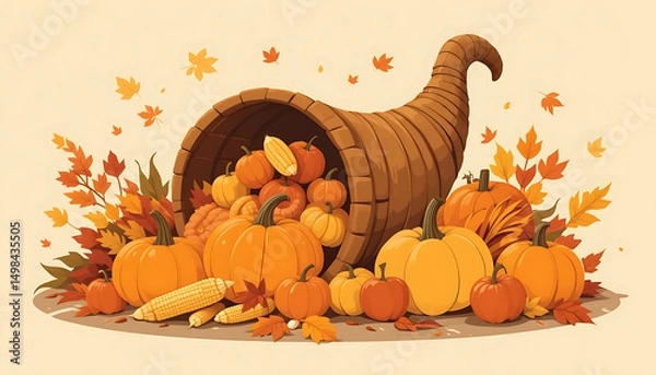 Fototapeta A vector illustration of a Thanksgiving autumn harvest scene: a cornucopia (horn of plenty) overflowing with pumpkins, corn, apples, and autumn leaves. Flat design style with warm autumn colors.