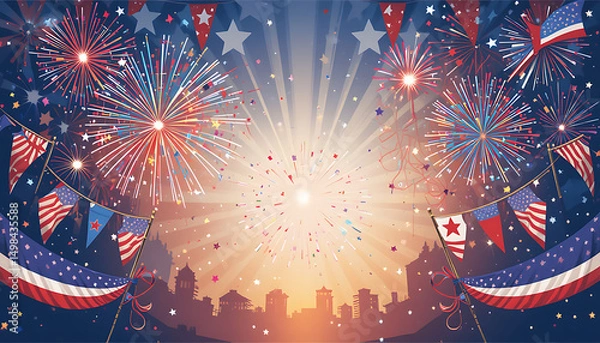Fototapeta A vector illustration of a patriotic Independence Day celebration: fireworks and flags with a red, white, and blue color palette. Include star symbols, bunting, or a flag on a pole. Flat design style,