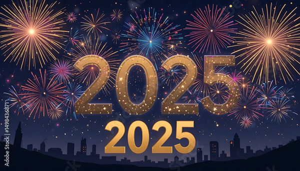 Fototapeta A vector illustration of New Year’s Eve fireworks bursting in the night sky over a city silhouette or with the numbers '2025' (or generic year) in gold. Flat design style with vibrant fireworks.