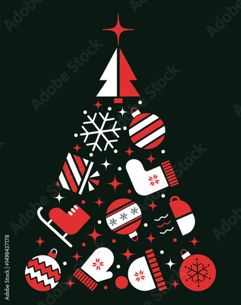 Fototapeta Winter Elements Icons in Shape of Christmas Tree. Holiday Greeting Card Template. Merry Christmas, Happy New Year Design. Christmas Ball, Snowflake, Hat, Glove, Skates, Gift. Vector in Red,White,Black