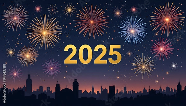 Fototapeta A vector illustration of New Year’s Eve fireworks bursting in the night sky over a city silhouette or with the numbers '2025' (or generic year) in gold. Flat design style with vibrant fireworks.