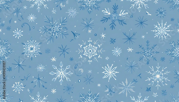 Obraz A vector seamless pattern of winter snowflakes in flat design. Use cool colors (shades of blue and white). The pattern should include snowflakes of different sizes and subtle geometric shapes.