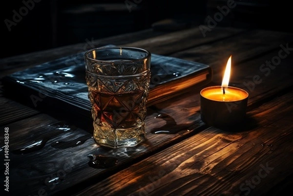 Fototapeta A glass of amber liquid on a rustic wooden table with a book and candle