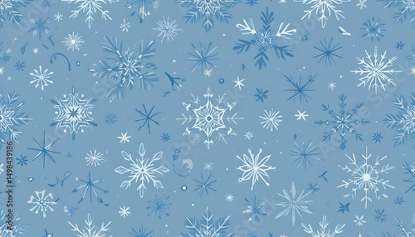 Fototapeta A vector seamless pattern of winter snowflakes in flat design. Use cool colors (shades of blue and white). The pattern should include snowflakes of different sizes and subtle geometric shapes.