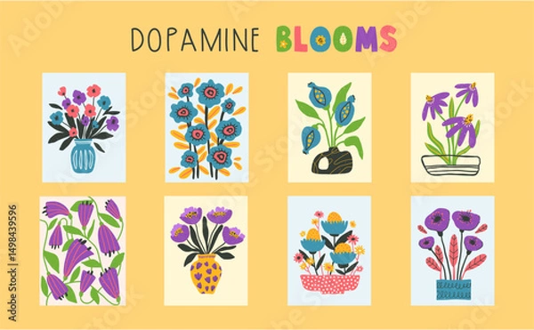 Fototapeta Set of bold optimistic greeting cards or posters templates, bright positive funny hand drawn flowers in naive style, textured vector illustration set