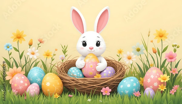 Fototapeta A vector illustration featuring Easter elements: colorful painted eggs, a bunny (rabbit), flowers, and grass. Flat design style with pastel colors (yellow, pink, blue, green). The scene should be cute
