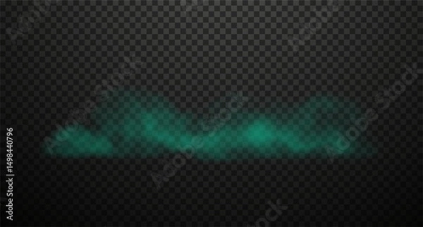 Fototapeta Realistic floating toxic green fog, smoke, steam clouds. Bad smelling fluid haze isolated on black transparent background