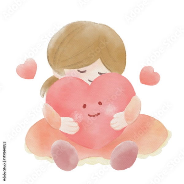 Obraz 画用紙に水彩で描いたハートを抱きしめる女の子