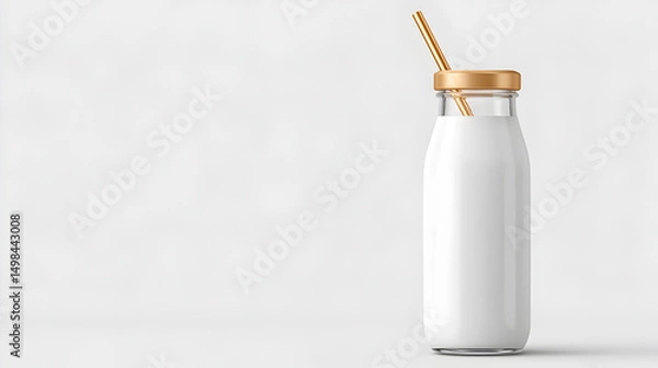 Obraz A glass bottle of milk with a golden straw, positioned against a neutral backdrop