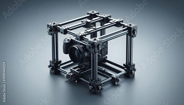 Fototapeta Videography equipment metal rig cage with multiple attachment points isolated on gray background with clean layout