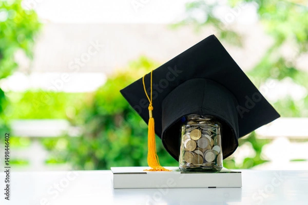 Fototapeta A graduation cap placed over a jar of coins on top of a book.