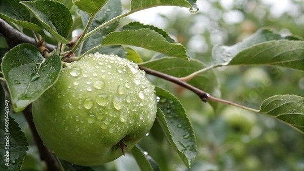 Obraz Close-up of wet granny smith apples growing on tree during rainy season