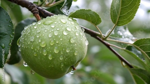Obraz Close-up of wet granny smith apples growing on tree during rainy season