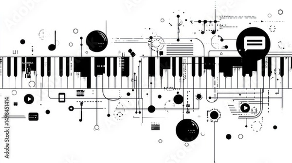 Fototapeta Artistic minimalism of piano and music in one dense and expressive composition of sound flowing out of a unique combination of instruments.