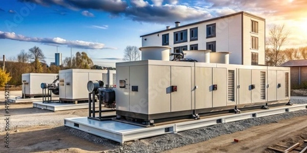 Fototapeta Outdoor natural gas generator unit installed at a house building site with multiple large backup generators in the background, backup, industrial