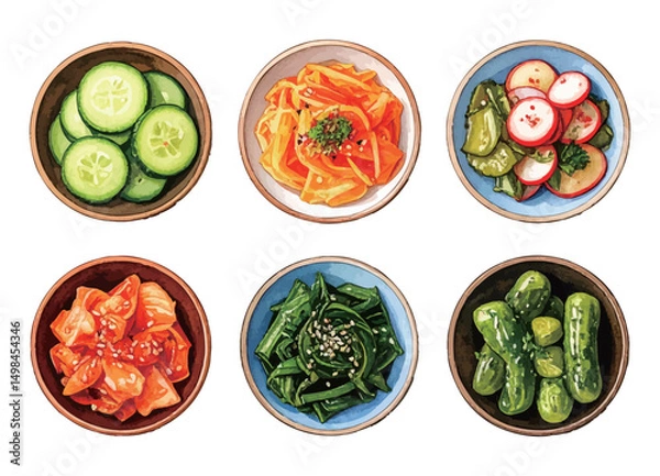 Obraz いろいろな小鉢の水彩風イラストセット　生成AI