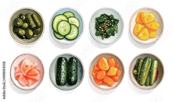 Obraz いろいろな小鉢の水彩風イラストセット　生成AI