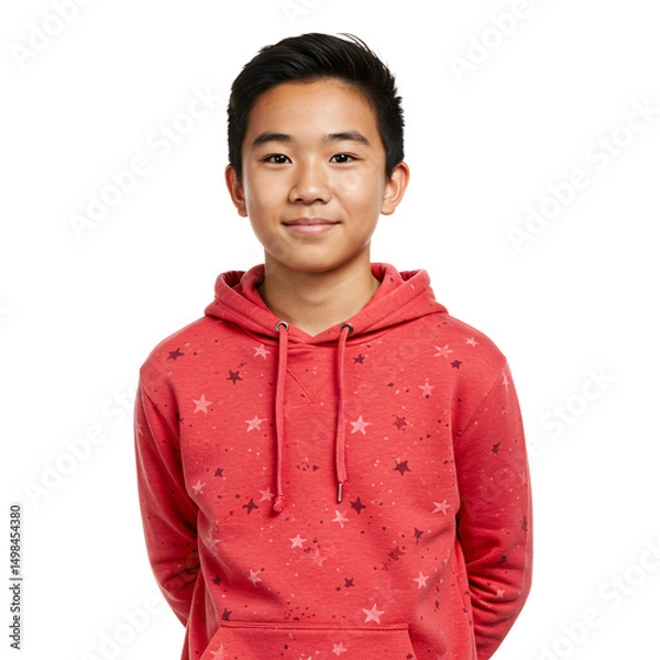 Obraz Asian American Teen Boy in Red Hoodie with White Star Pattern, Arms Behind Back, Isolated on White