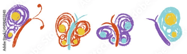 Fototapeta Butterfly chalk textured doodle set. Cute childish style butterflies, moths. Child drawings insect. Crayon freehand scribble kids colorful pastel fireflies. Isolated hand drawn vector illustration