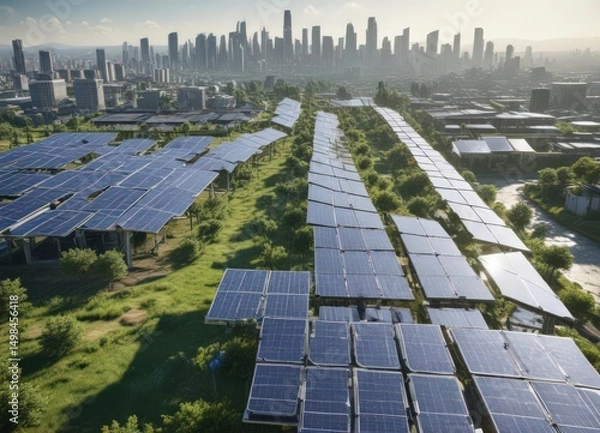 Fototapeta Solar panels integrated into a cityscape, green spaces visible , clean, efficient
