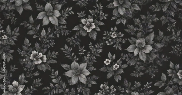 Fototapeta Elegant charcoal small floral wallpaper  Botanical pattern with delicate leaves & blooms  , small, decor, image