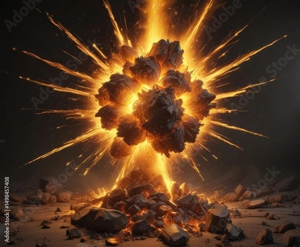 Fototapeta Fiery yellow explosion, wide angle view of incandescent embers, design, celebration