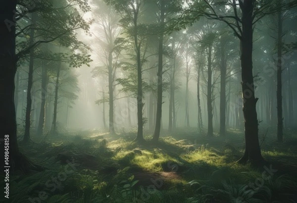 Fototapeta Unfocused, hazy green forest, subtle light and shadow,  hazy,  plants,  woodland