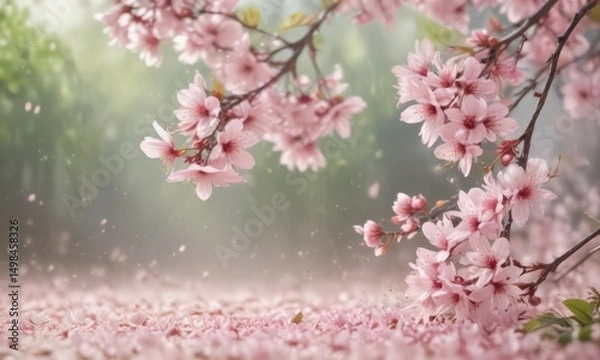 Fototapeta Delicate pink sakura petals drift on soft-focus spring background ,  bloom,  light