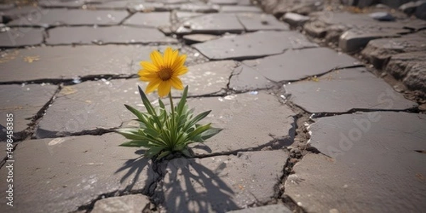 Fototapeta A tenacious wildflower emerges from a fractured pavement, showcasing its resilience , nature, crack