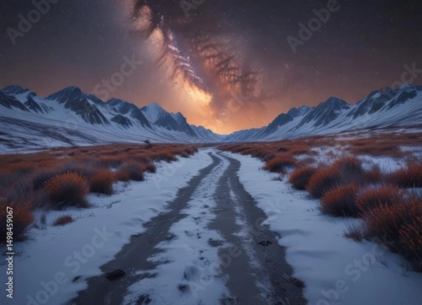 Fototapeta Snowy path winds towards sunrise, blazing colors contrast with dark Milky Way ,  landscape,  colorful